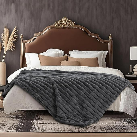 Amélie Home Faux Fur Throw Blanket for Couch, Ultra Cozy Fuzzy Fluffy Fur Luxurious Soft Striped Plush Gift Blankets for Family Sofa Chair Bed Living Room Bedroom, 60"x80", Ionic Wolf Gray
