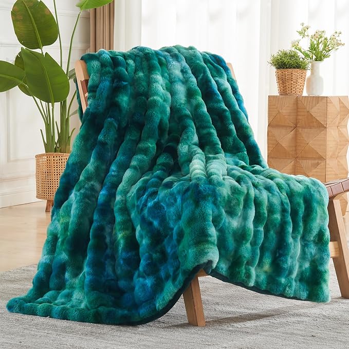 NEWCOSPLAY Faux Fur Throw Blanket Tie-dye Dark Teal Luxury Fluffy Thick Warm Bubble Blanket for Couch Sofa Bed 700GSM (Tie-dye Dark Teal, Throw(50"x60"))