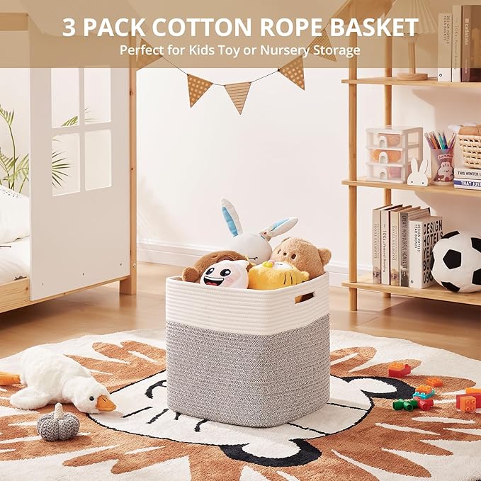 OIAHOMY 13 Kallax Inch Cube Storage Bins, 3-Pack Cotton Rope Woven Baskets for Organizing, Kallax Insert Storage Baskets for Shelves, Baby Nursery, Closet Organizer, 13*13*12.6IN, Grey & White