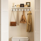 BAMEOS 35" L Wall Hooks with Shelf, Entryway Coat Hooks for Wall with Shelf, Wood Wall Hanging Shelf, Wall-Mounted Coat Rack with 7 Dual Metal Hooks for Bathroom, Kitchen, Living Room, Bedroom (White)