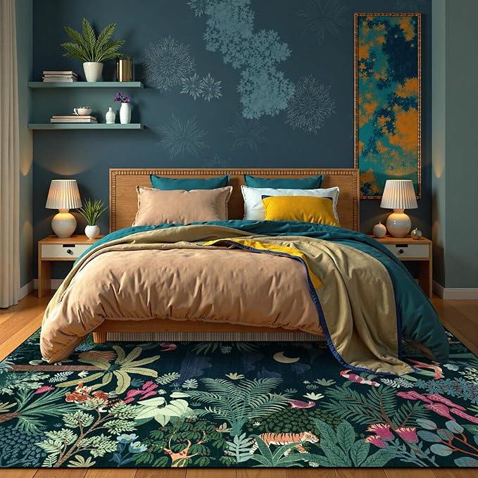 LIVEBOX 6x9 Jungle Dark Rug Dining Room Rugs for Under Table, Soft Modern Green Rugs for Living Room, Washable Kids Rug for Boy Bedroom, Non-Skid Kids Carpet Playmat for Play