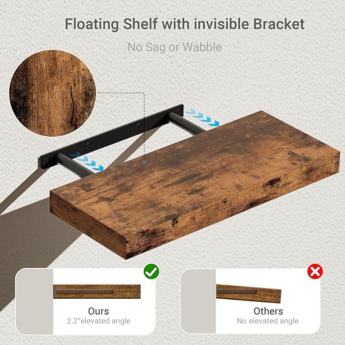Floating Shelves for Wall, 16 inchs x 6.7” deep x 1.4” Bathroom Shelf Bedroom, Living Room, Kitchen, Farmhouse Decor, Rustic Wood Wall Shelves with Invisible Brackets - Set of 2, Rustic Brown