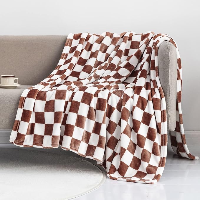 LOMAO Throw Blankets Flannel Blanket with Checkerboard Grid Pattern Soft Throw Blanket for Couch, Bed, Sofa Luxurious Warm and Cozy for All Seasons (Coffee, 50"x60")