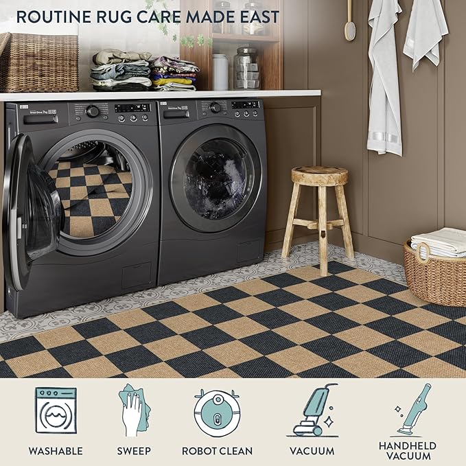 Lahome Checkered Easy Jute Rugs for Entryway, 3 ft Round Rug Small Indoor Outdoor Circle Carpet, Farmhouse Neutral Non Slip Non Shedding Black Carpet for Kitchen Front Porch Foyer