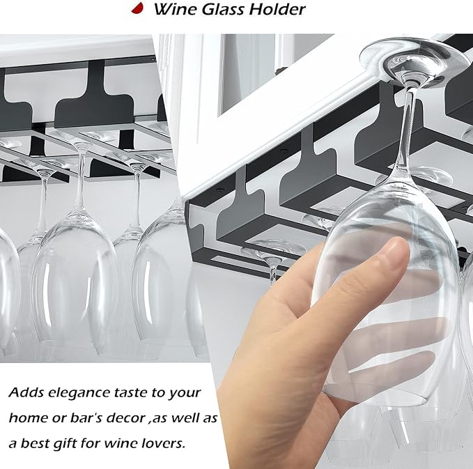 Wine Glass Rack - Under Cabinet Stemware Wine Glass Holder Glasses Storage Hanger Metal Hanging Organizer for Bar Kitchen, Black 4 Rows 2 Packs
