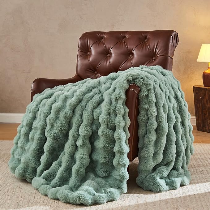 Lotus Karen Faux Fur Throw Blanket Sage Green - Big Bubble Rabbit Fluff Blanket for Couch Bed Sofa,Softest Fluffy Fuzzy Cozy Blanket,Plush Thick Furry Shaggy Warm Blankets for Women,60x80 Inches