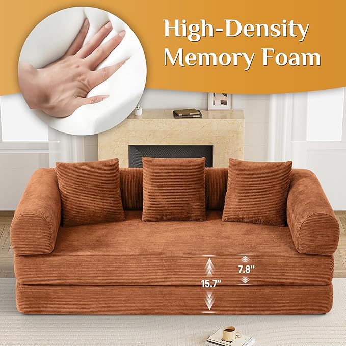 Convertible Sleeper Sofa Bed with Pillow, 4-in-1 Corduroy Folding Mattress Couch with Fixed-Shape Frame, Futon Fold Out Floor Sofa Cama Lounge Couch for Living Room Bedroom, Orange