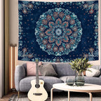 Fowocu Boho Floral Mandala Tapestry Wall Hanging Blue Bohemian Flower Medallion Tapestry Aesthetic Vintage Navy Hippie Indian Small Tapestries for Bedroom Living Room Dorm Decor 48 x 36 Inch