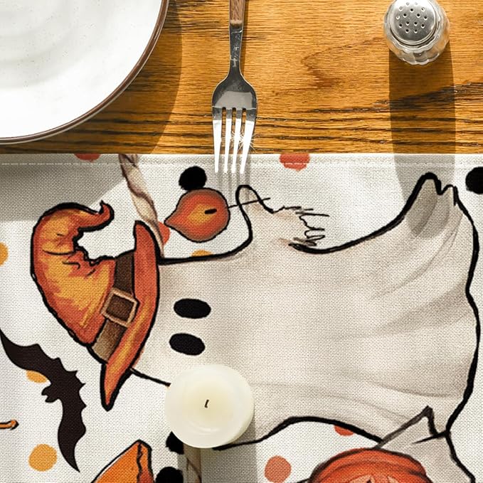Artoid Mode Beige Ghost Jack-O'-Lantern Black Cat Halloween Table Runner,Holiday Kitchen Dining Table Decoration for Home Party Decor 13 x 120 Inch