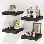 Square Floating Shelves for Wall, 10" W x 10" D x 1.2" H, Small Wooden Wall Mounted Display Shelves with Invisible Brackets for Living Room, Bedroom, Bathroom, Kitchen Decor, Set of 4, Black