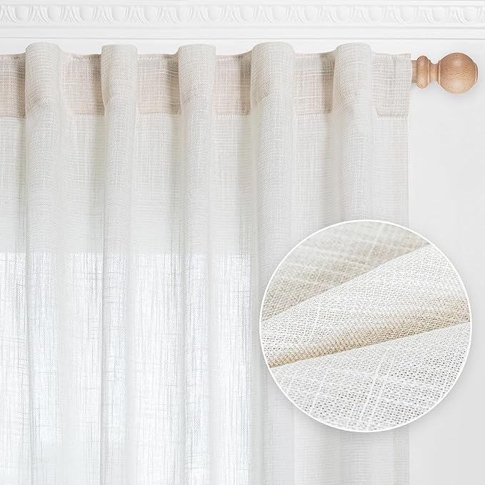MYSKY HOME Natural Linen White Curtains 84 Inches Long, Semi Sheer Soft Cotton Window Drapes Set for Living Room Back Tab Elegant Cute Look Country Bedroom Curtains, 50" x 84", Beige, Pack-2
