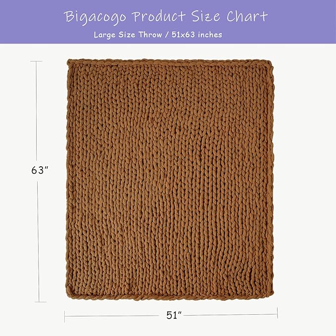 Bigacogo Chunky Knit Throw Blanket for Couch, 51x63 inches, 100% Hand Knitted with Thick Jumbo Chenille Yarn, Cozy Soft Large Rope Knot Cable Crochet Blankets for Sofa Bed Living Room, Caramel