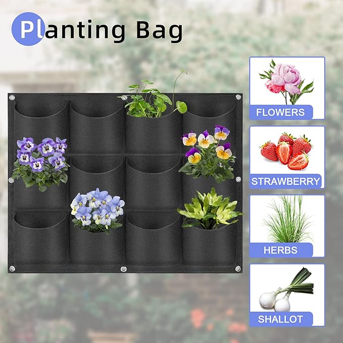 12 Pockets Hanging Planter Bags, Hanging Vertical Wall Mounted Plant Planting Grow Bags, Herb Garden Planter Outdoor Indoor Growing Bag, Gardening Vertical Greening Flower Container(0.6m×0.8m, Black)