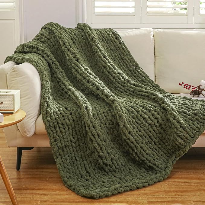 WESHIONGOO Chunky Knit Blanket Throw 50"×60" Knitted Throw Blankets for Couch Bed Fluffy Soft Blanket with Jumbo Chenille Yarn Thick 100% Handmade (Olive Green)