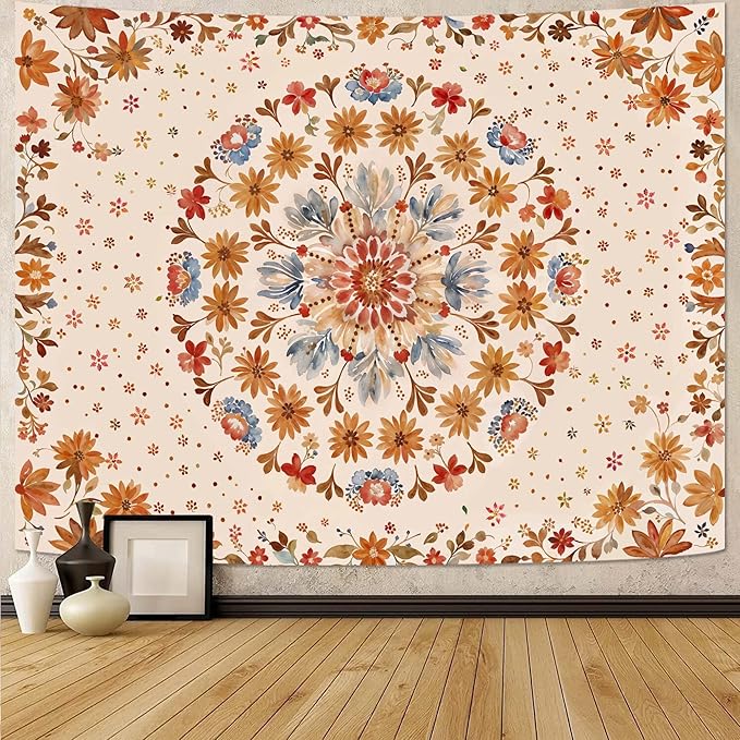 Boho Floral Mandala Tapestry Wall Hanging Watercolor Bohemian Flower Medallion Tapestry Aesthetic Beige Orange Hippie Indian Extra Large Tapestries for Bedroom Living Room Dorm Decor 90 x 68 Inch