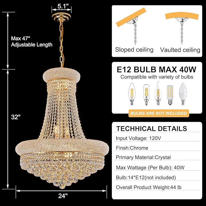 14 - Light Unique Empire Crystal Chandelier with Adjustable Chain for High Ceiling Foyer Entryway Living Room Dining Room Bedroom Gold Finish