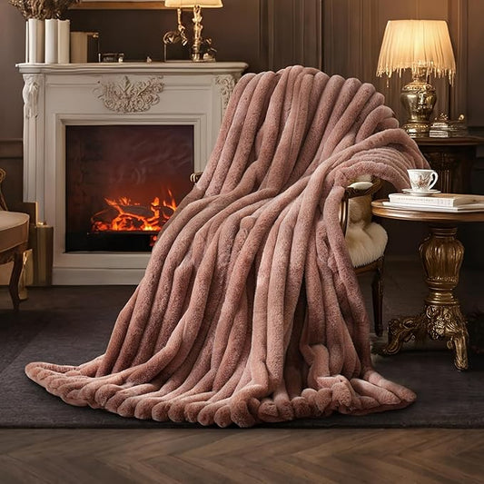 Amélie Home Faux Fur Throw Blanket for Couch, Ultra Cozy Fuzzy Fluffy Fur Luxurious Soft Striped Plush Gift Blankets for Family Sofa Chair Bed Living Room Bedroom, 55"x70", Ionic Fox Brown