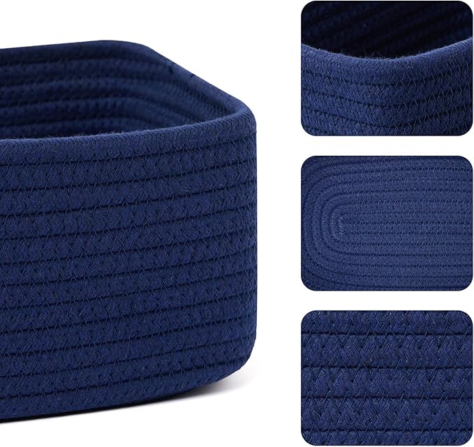 Small Storage Baskets for Organizing | Closet Organizer Bins | Shelf Toy Basket | Woven Rope Baskets | Cube Decorative Box | Shallow Basket | 11.5x7.5x4.7” | 4 Packs Navy Blue