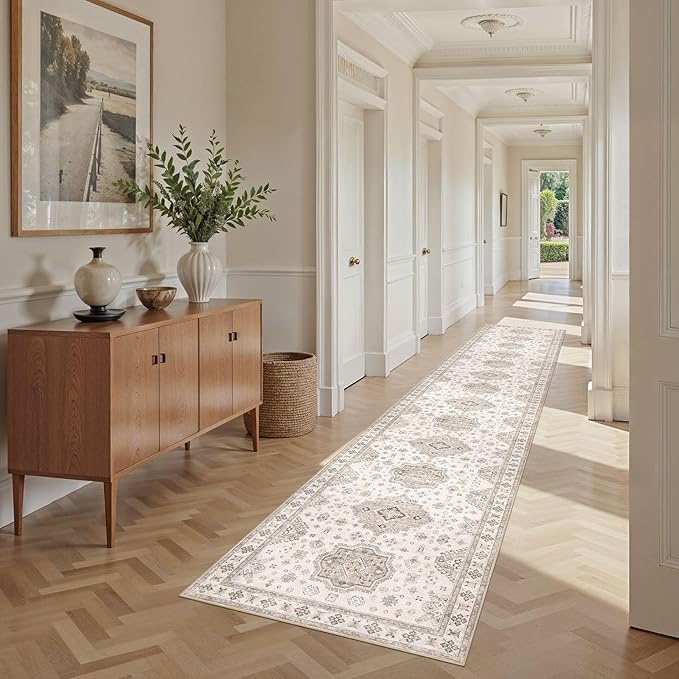 Washable 2.6x12 Runner Rug - Area Rugs Neutral Vintage Distressed Floral Farmhouse Boho Large Soft Floor Rug Indoor Carpet for Hallway Entryway Kitchen Home - Beige Brown