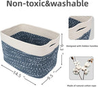White and Blue Cotton Rope storage Basket Bins Woven Basket for Organizing Shelves 14.5X9.5X9.3“ Rectangle Decorative Baskets For storage Books Towels Wicker Nursery basket organizer Set of 3
