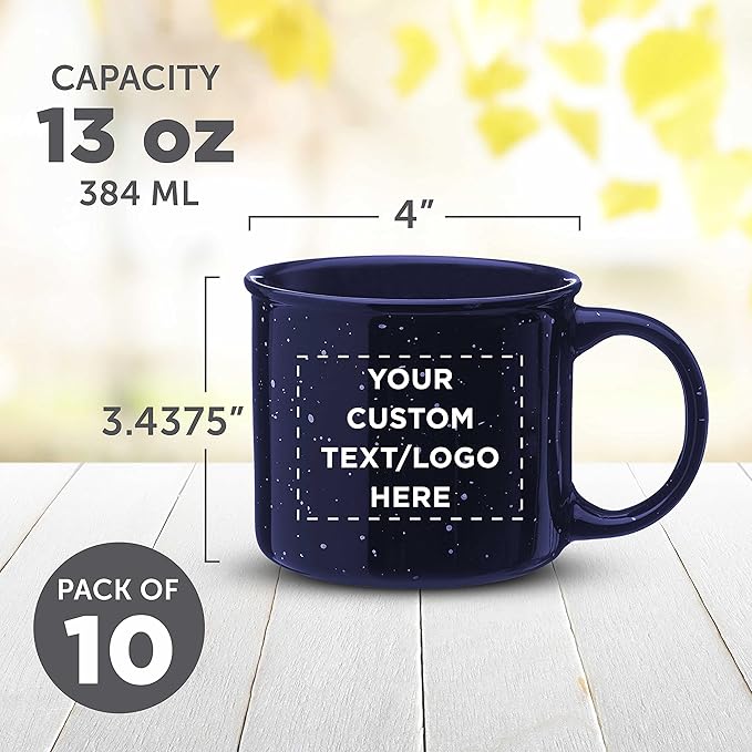 DISCOUNT PROMOS Custom Ceramic Campfire Coffee Mugs 13 oz. Set of 10, Personalized Bulk Pack - Perfect for Tea, Espresso, Cappuccino, Hot Cocoa - Blue