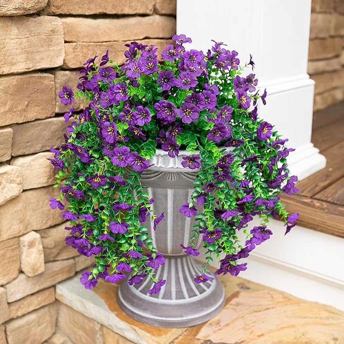 Artificial Faux Hanging Flowers Plants for Spring Outdoor Outside Decoration, 2 PCS Fake Silk Daisy with Eucalyptus UV Resistant Realistic Trailing Vines for Balcony Patio Porch (Dark Purple)