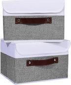 ANMINY 4PCS Storage Boxes with Lid Washable Decorative Storage Bins Basket with PU Leather Handle Foldable Linen Fabric Storage Cubes Containers for Home Closet Organizer - Gray White, Small Size