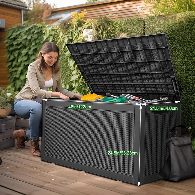 100 Gallon Outdoor Storage Box,Waterproof Lockable Resin Deck Box,Storage Container with Reinforced Support for Patio Cushions, Furniture Supplies, Garden Tools, UV-Resistant Outdoor Chest (Black)
