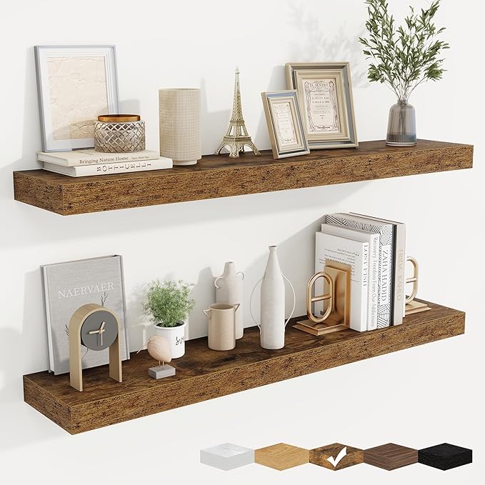fuqing Floating Shelves for Wall, Bathroom Shelf Wall Mounted for Storage, Shelves with Invisible Bracket for Bedroom, Kitchen, Living Room, Farmhouse Small Book Shelf, 40 Inch Set of 2, Rustic Brown