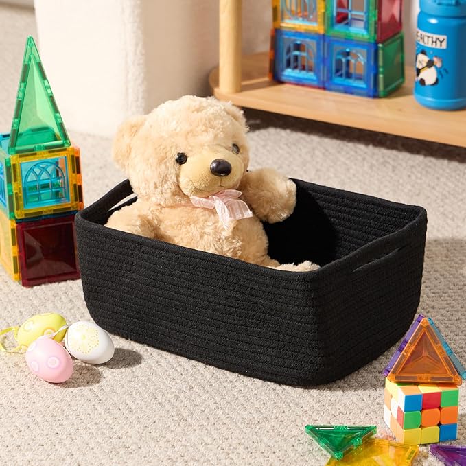 Small Storage Baskets for Organizing | Closet Organizer Bins | Shelf Toy Basket | Woven Rope Baskets | Cube Decorative Box | Shallow Basket | 13x8.5x5.1” | 4 Packs Black