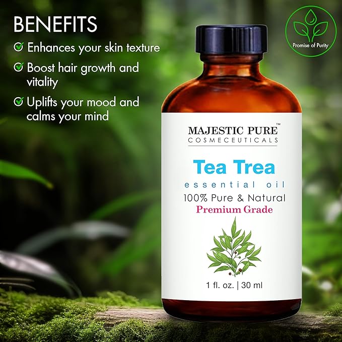 Majestic Pure Tea Tree Essential Oil with Glass Dropper - 1 Fl Oz - 100% Pure and Natural Tea Tree Oil - Premium Grade Essential Oils for Diffuser, Aromatherapy, Soap and Candle Making