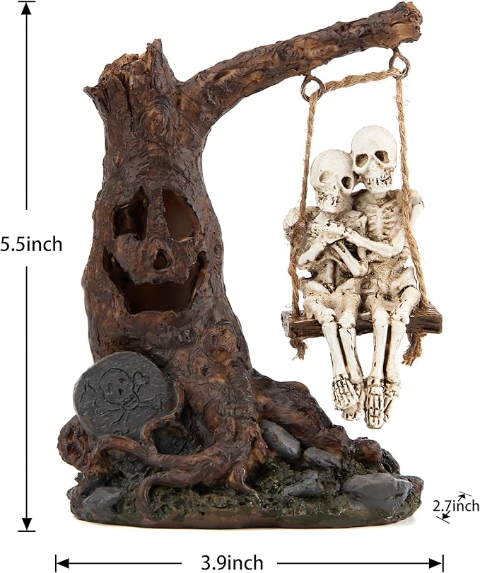 Halloween Skull Statue with Spooky LED Light for Holiday Decorations, Halloween Decor with Romantic Skeleton Couple on Swing Tombstone Tree, Grinning Skull Decor Props Haunted Collectible Gift