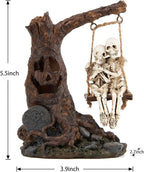 Halloween Skull Statue with Spooky LED Light for Holiday Decorations, Halloween Decor with Romantic Skeleton Couple on Swing Tombstone Tree, Grinning Skull Decor Props Haunted Collectible Gift