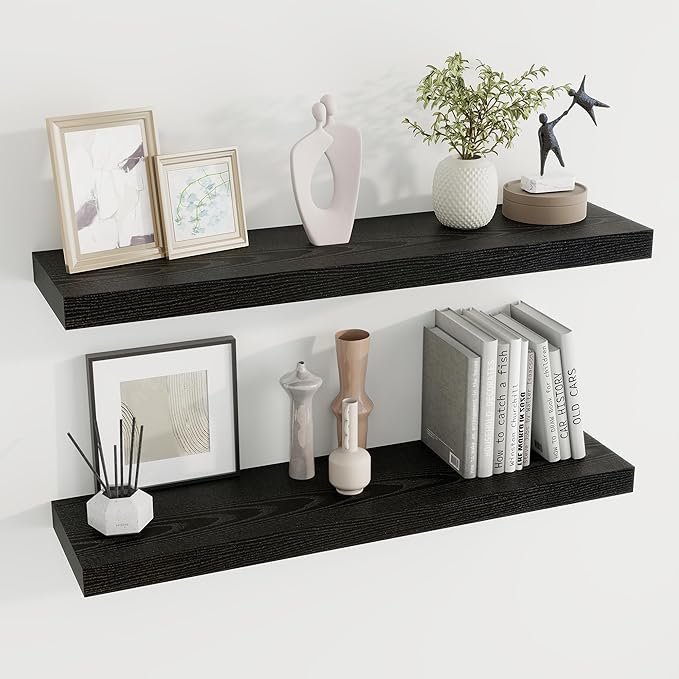 36 inch Floating Shelves Wall Shelves for Office with Invisible Brackets, 8 inch Deep Shelves for Bathroom, Living Room, Kitchen, Office, 36x7.9 inch deep Set of 2, Black