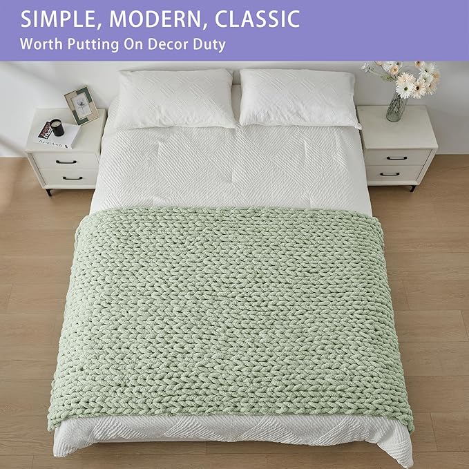 Bigacogo Chunky Knit Throw Blanket for Couch, 40x80 inches, 100% Hand Knitted with Thick Jumbo Chenille Yarn, Cozy Soft Large Rope Knot Cable Crochet Blankets for Sofa Bed Living Room, Sage Green
