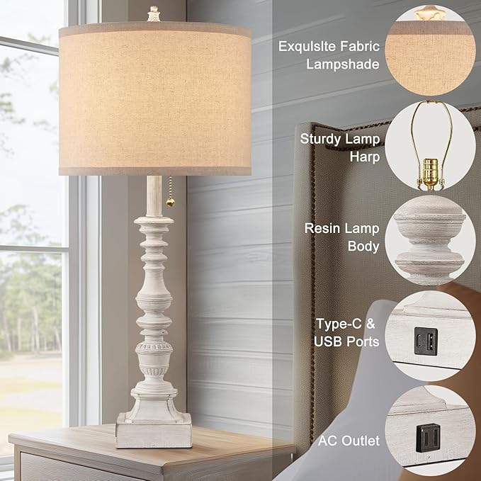 Farmhouse Table Lamps for Bedroom Set of 2, 29.5" Tall Rustic Bedside Lamp with USB Ports and AC Outlet, Vintage Nightstand Table Lamp for Living Room with Linen Drum Shade, White, Pull Chain