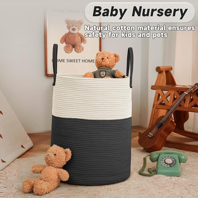 Large Woven Laundry Basket Hamper,60L Cotton Rope Storage Bin for Blankets,Toys and Clothes,Decorative Tall Nursery Hamper for Living Room,Baby Nursery,Bathroom and Bedroom,White and Black