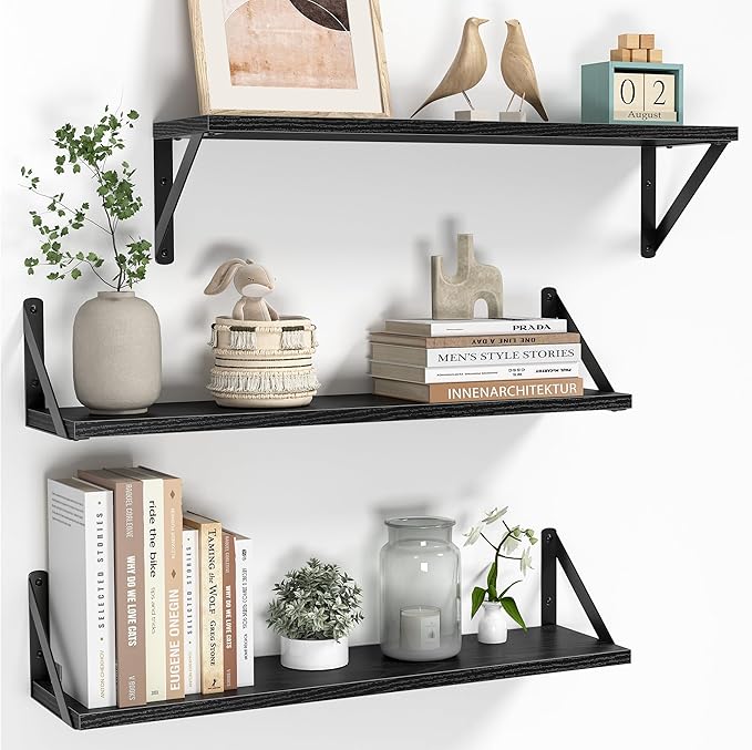 Heimlove Floating Shelves for Wall, 24 Inch Long Wood Floating Shelves Set of 3, Wall Mounted Hanging Shelf for Bathroom Bedroom Kitchen, Black