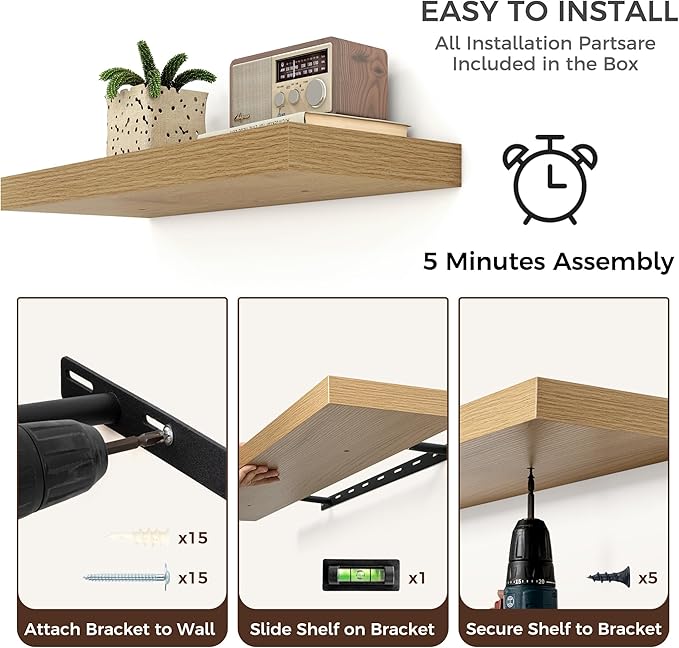 Floating Shelves for Wall, 2 Large Wall Mounted Shelves with Invisible Brackets, Long Wood Floating Wall Shelf Shelves for Living Room, Bedroom, Kitchen, (Oak, 24" W x 9" D x 1.5" H)