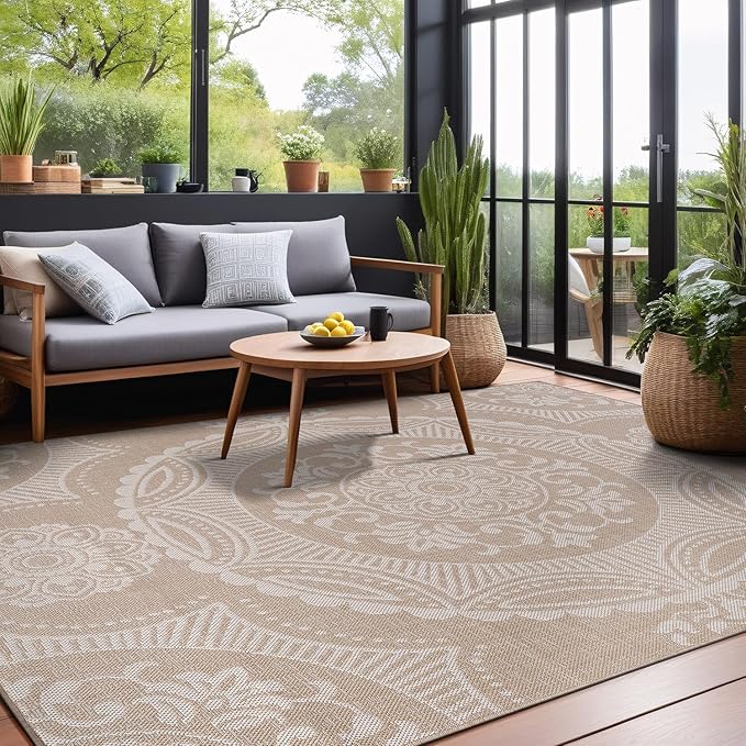 Medallion Outdoor Rug 6x9 Washable Outside Carpet for Indoor Patio Porch Waterproof Easy Cleaning Non Shedding Area Rugs Beige 6 x 9