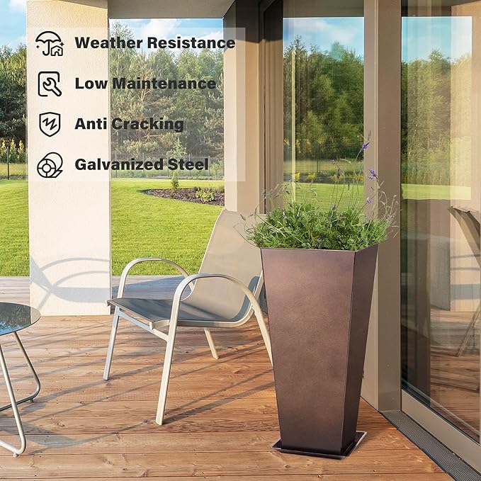 KOL 25''H. Tall Galvanized Steel Planter with Saucer, Set of 2, Planter Pots with Drainage Hole for Indoor & Outdoor Use, Decorative Flower Plant Pots for Front Porch, Patio, Deck - Rust Color