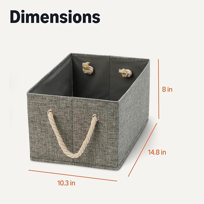 Amazon Basics Foldable Storage Bins with Rope Handles, Charcoal, Large, Pack of 3