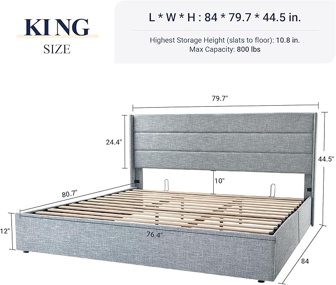 Allewie King Size Lift Up Storage Bed, Modern Wingback Headboard, Hydraulic Support, No Box Spring Needed, Grey Blue