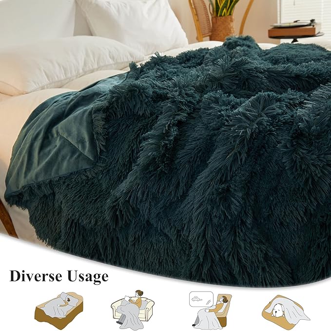 XeGe Luxury Faux Fur Throw Blanket, Deep Green Soft 50x60 Fluffy Blanket Throw, Shaggy Plush Decorative Couch Blanket, Cute Furry Throw Fuzzy Office Lap Blanket for Bedroom Living Room Dark Green