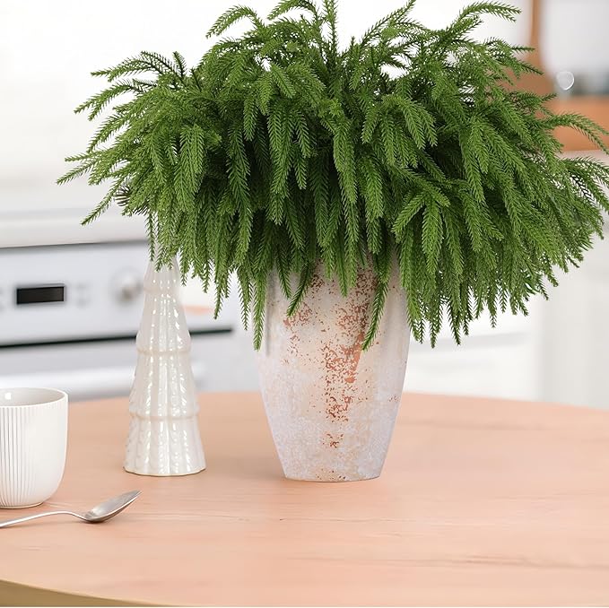 12 Pcs Artificial Norfolk Pine Branches, Norfolk Pine Artificial Pine Stems DIY Crafts Faux Christmas Greenary Norfolk Pine Branches for Xmas Wreath Garland Home Decor (12)