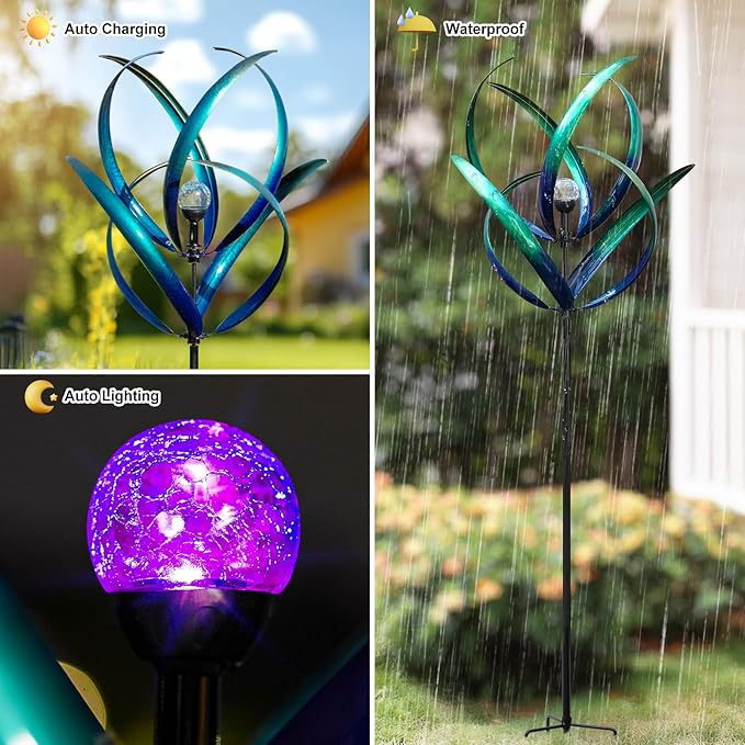 Outdoor Wind Spinners with Solar Light, 82'' Metal Large Spinner Yard Art, Peacock Blue Wind Sculptures for Garden Lawn Patio, Gifts for Family