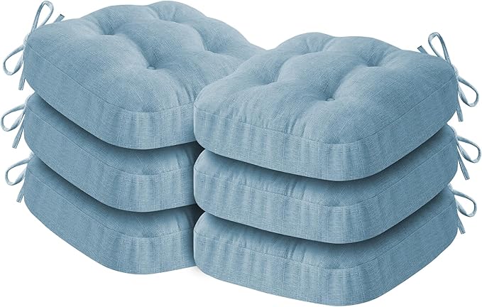 Chair Cushions for Dining Chairs, Dining Chair Cushions, Tufted Indoor Chair Pads with Ties & Non Slip Backing, Seat Cushions for Kitchen Chairs 16.5” x 16.5” x 3.5”, Set of 6, Light Blue