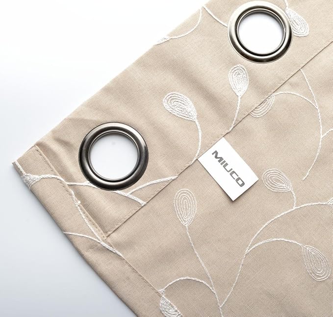 MIUCO Floral Embroidered Semi Sheer Curtains Faux Linen Grommet Window Drapes for Living Room 52 x 95 Inch 1 Pair Set, Linen