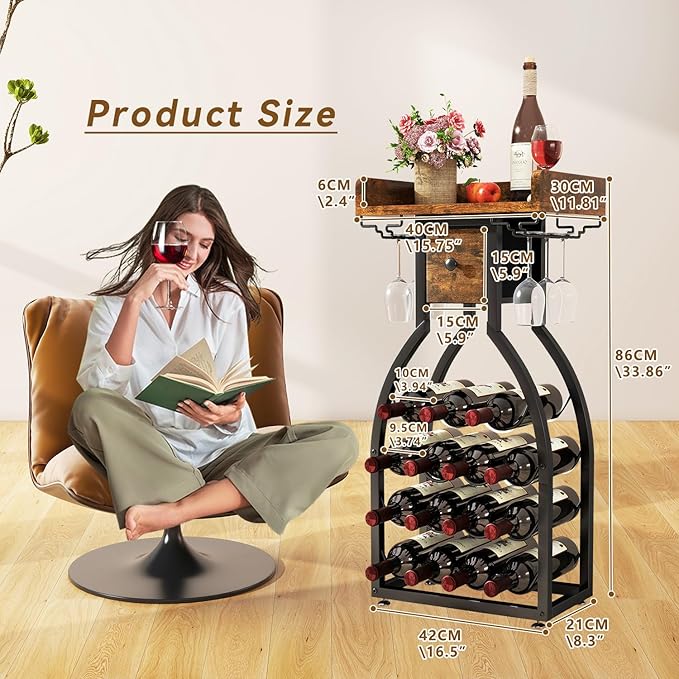IBUYKE Wine Rack Freestanding Floor,Wine Storage 15 Bottles Bottle Rack with Glass Holders, Mini Bar Wine Cabinet with Storage Drawer for Home Bar Kitchen Dining Room,Rustic Brown,UTMJ908H