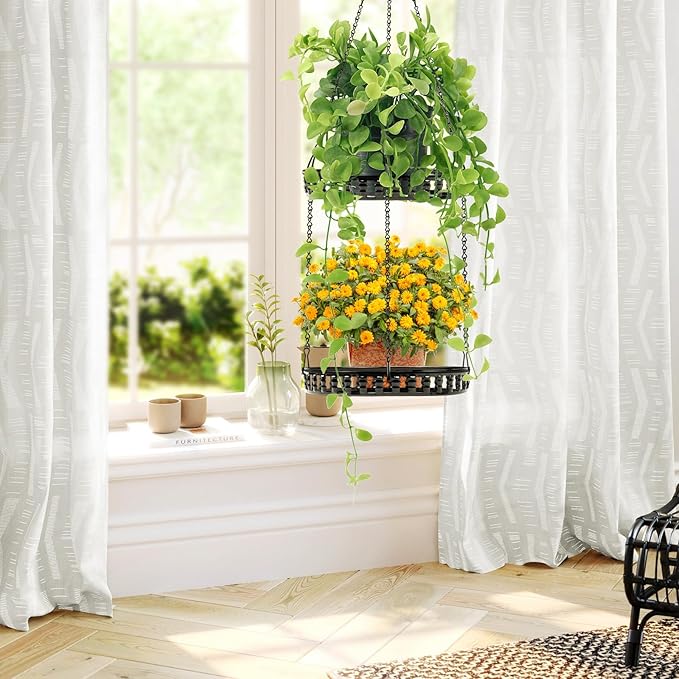 Plant Hanger Indoor Outdoor, 2 Tier Hanging Planter Plant Shelf, Metal Hanging Plants Holder for Indoor Outdoor Plants